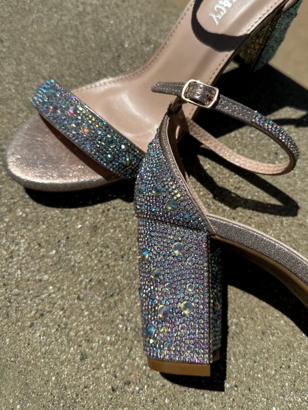 New Bling Gold Rhinestone Crystal Open Toe Dress Sandals Ankle Strap Block Heel - Picture 6 of 6